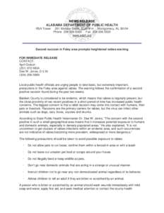 NEWS RELEASE ALABAMA DEPARTMENT OF PUBLIC HEALTH RSA Tower 201 Monroe Street, Suite 914 Montgomery, AL[removed]Phone[removed]Fax[removed]