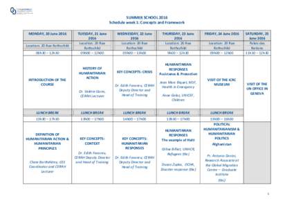 SUMMER SCHOOL 2016 Schedule week 1: Concepts and Framework MONDAY, 20 June 2016 Location: 20 Rue Rothschild 08h30 – 12h30