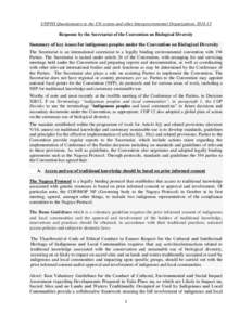 UNPFII Questionnaire to the UN system and other Intergovernmental Organizations[removed]Response by the Secretariat of the Convention on Biological Diversity Summary of key issues for indigenous peoples under the Convent