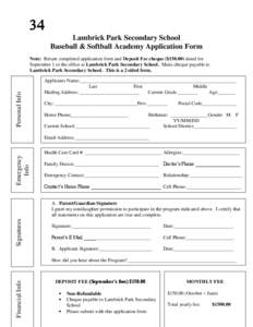  Lambrick Park Secondary School Baseball & Softball Academy Application Form Personal Info