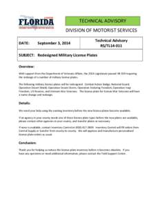 TECHNICAL ADVISORY DIVISION OF MOTORIST SERVICES DATE: September 3, 2014
