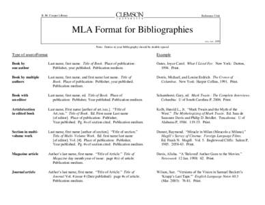 R. M. Cooper Library  Reference Unit MLA Format for Bibliographies ccc, rev. 1/09