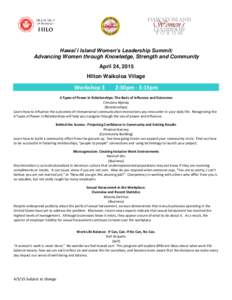 Hawai`i Island Women’s Leadership Summit: Advancing Women through Knowledge, Strength and Community April 24, 2015 Hilton Waikoloa Village  Workshop 3