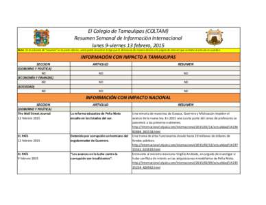 El Colegio de Tamaulipas (COLTAM) Resumen Semanal de Información Internacional lunes 9-viernes 13 febrero, 2015 Nota: En la columna de 