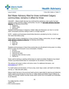 Water treatment / Calgary / Alberta Health Services / Alberta / Drinking water / Health / Provinces and territories of Canada / Public health / Boil-water advisory / Food safety