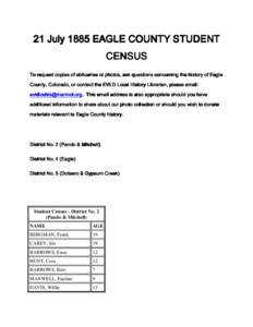 21 July 1885 EAGLE COUNTY STUDENT CENSUS To request copies of obituaries or photos, ask questions concerning the history of Eagle County, Colorado, or contact the EVLD Local History Librarian, please email: evldlochis@ma