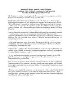 Statement of Senator Daniel K. Inouye (D-Hawaii) Against the Coburn Earmark Amendment to Food Safety Bill November 29, 2010 (as prepared for delivery) Mr. President, I rise today to speak against the Coburn amendment imp