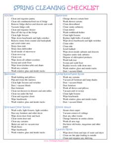 SPRING CLEANING CHECKLIST Kitchen  Clean and organize pantry  Clean old condiments/food out of fridge  Remove fridge shelves and drawers and wash  Vacuum fridge coils