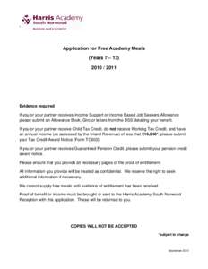 `  Application for Free Academy Meals (Years 7 – [removed]