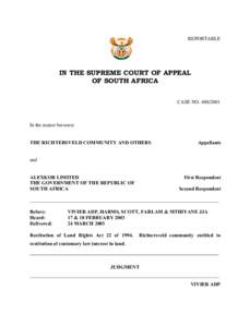 Appellate review / Lawsuits / Legal procedure / Port Nolloth / Richtersveld / Restitution / Alexkor v Richtersveld Community / Law / Geography of South Africa / Appeal
