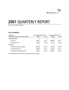 2001 QUARTERLY REPORT SECOND QUARTER REPORT Financial Highlights (unaudited) (thousands of dollars, except per unit amounts)
