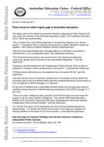 Media Release  Australian Education Union - Federal Office Ground Floor, 120 Clarendon Street, Southbank, Victoria, 3006 Phone : +[removed] Fax : +[removed] Email : [removed] Website : www.aeu