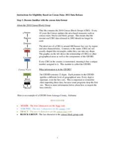 Instructions for Eligibility Based on Census Data: 2012 Data Release Step 1: Become familiar with the census data format About the 2010 Census Block Group This file contains the 2010 Census Block Groups (CBG). Every 10 y