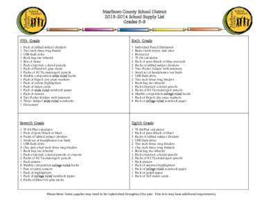 Marlboro County School District[removed]School Supply List Grades 5-8 Fifth Grade