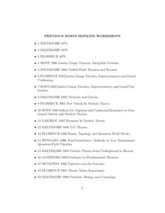 PREVIOUS JOHNS HOPKINS WORKSHOPS • 1 BALTIMORE 1974 • 2 BALTIMORE 1978 • 3 FLORENCE 1979 • 4 BONN 1980 Lattice Gauge Theories, Integrable Systems. • 5 BALTIMORE 1981 Unified Field Theories and Beyond.