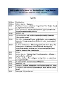 National Conference on Australian Prison Issues ‘not just inside issues but outside outcomes’ Agenda 8.45am 9.00am