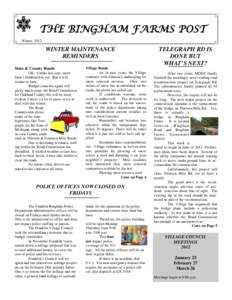 THE BINGHAM FARMS POST Winter, 2012 WINTER MAINTENANCE REMINDERS State & County Roads