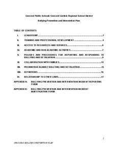 Concord Public Schools/Concord-Carlisle Regional School District Bullying Prevention and Intervention Plan TABLE OF CONTENTS I.