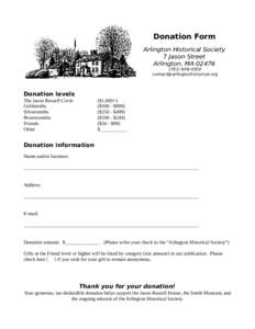 Donation Form Arlington Historical Society 7 Jason Street Arlington, MA[removed]4300 [removed]