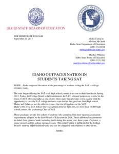 FOR IMMEDIATE RELEASE September 26, 2013 Media Contacts: Melissa McGrath Idaho State Department of Education