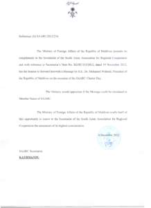 Message by His Excellency Dr. Mohamed Waheed President of the Republic of Maldives On the Occasion of SAARC Charter Day 8 December[removed]As we mark the Twenty Seventh Anniversary of the founding of South Asian