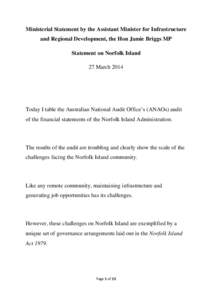 Ministerial Statement by the Assistant Minister for Infrastructure and Regional Development, the Hon Jamie Briggs MP: Statement on Norfolk Island