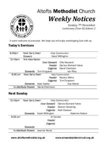 Altofts Methodist Church  Weekly Notices Sunday 7th December  Lectionary (Year B) Advent 2