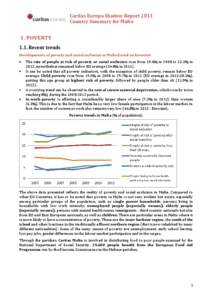 Caritas Europa Shadow Report 2013 Country Summary for Malta 1. POVERTY 1.1. Recent trends Developments of poverty and social exclusion in Malta based on Eurostat: