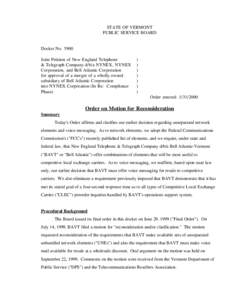 STATE OF VERMONT PUBLIC SERVICE BOARD Docket No[removed]Joint Petition of New England Telephone & Telegraph Company d/b/a NYNEX, NYNEX Corporation, and Bell Atlantic Corporation