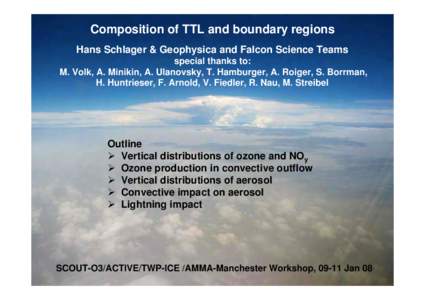 Composition of TTL and boundary regions Hans Schlager & Geophysica and Falcon Science Teams special thanks to: M. Volk, A. Minikin, A. Ulanovsky, T. Hamburger, A. Roiger, S. Borrman, H. Huntrieser, F. Arnold, V. Fiedler,