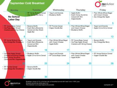 September Cold Breakfast Tuesday Monday  Wednesday