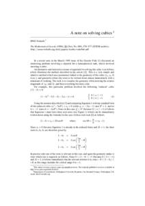 A note on solving cubics 1 RWD Nickalls 2 The Mathematical Gazette (1996); 80 (Nov, No. 489), 576–577 (JSTOR archive). http://www.nickalls.org/dick/papers/maths/cubefink.pdf  In a recent note in the March 1995 issue of