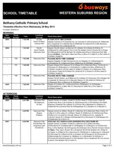 WESTERN SUBURBS REGION  SCHOOL TIMETABLE Bethany Catholic Primary School Timetable effective from Wednesday 28 May 2014 Amended[removed]