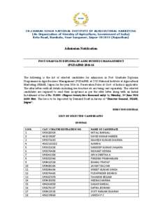 CH.CHARAN SINGH NATIONAL INSTITUTE OF AGRICULTURAL MARKETING (An Organization of Ministry of Agriculture, Government of India) Kota Road, Bambala, Near Sanganer, Jaipur[removed]Rajasthan) Admission Notification