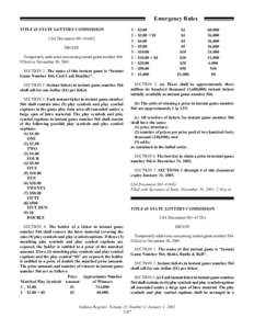 Emergency Rules TITLE 65 STATE LOTTERY COMMISSION LSA Document #[removed]E) DIGEST Temporarily adds rules concerning instant game number 566. Effective November 30, 2001.