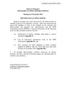 LC Paper No. CB[removed])  Panel on Transport Subcommittee on Matters Relating to Railways Meeting on 4 November 2011 Information note on railway incidents