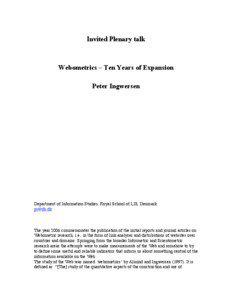 Invited Plenary talk  Webometrics – Ten Years of Expansion