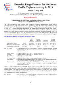 Extended Range Forecast for Northwest Pacific Typhoon Activity in 2013 Issued: 7th May 2013 by Dr Adam Lea and Professor Mark Saunders Dept. of Space and Climate Physics, UCL (University College London), UK