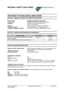 MATERIAL SAFETY DATA SHEET  VECTOBAC ® WG BIOLOGICAL INSECTICIDE SECTION 1: CHEMICAL PRODUCT AND COMPANY INFORMATION Product Name: Product Use: