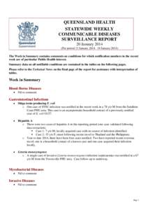 QUEENSLAND HEALTH STATEWIDE WEEKLY COMMUNICABLE DISEASES SURVEILLANCE REPORT 20 January[removed]For period 13 January 2014– 19 January 2014)