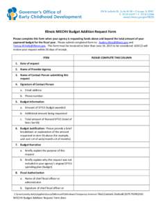 Illinois MIECHV Budget Addition Request Form Please complete this form when your agency is requesting funds above and beyond the total amount of your approved budget for the fiscal year. Please submit completed form to: 