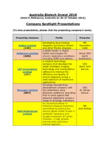 Australia Biotech InvestHeld in Melbourne, Australia onOctoberCompany Spotlight Presentations (To view presentation, please click the presenting company’s name) Presenting Company