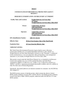 DRAFT UNITED STATES ENVIRONMENTAL PROTECTION AGENCY REGION 5 RESOURCE CONSERVATION AND RECOVERY ACT PERMIT Facility Name and Location: