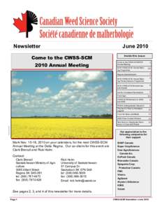 Newsletter  June 2010 Come to the CWSS-SCM 2010 Annual Meeting