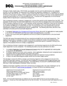 DEPARTMENT OF ENVIRONMENTAL QUALITY RESOURCE MANAGEMENT DIVISION PROCEDURES FOR ESTABLISHING A NEW CAMPGROUND Issued under authority of Part 125 of 1978 PA 368, as amended.