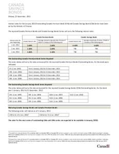 Ottawa, 22 December, 2011  Interest rates for the January 2012 Outstanding Canada Premium Bond (CPB) and Canada Savings Bond (CSB) Series have been set by the Minister of Finance. The repriced Canada Premium Bonds and Ca