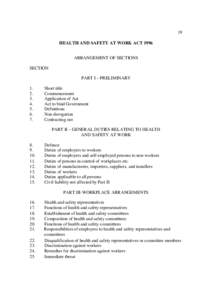 19 HEALTH AND SAFETY AT WORK ACT 1996 ARRANGEMENT OF SECTIONS SECTION PART I – PRELIMINARY