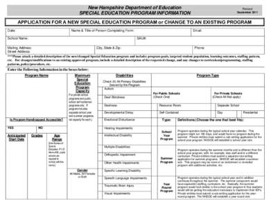New Hampshire Department of Education SPECIAL EDUCATION PROGRAM INFORMATION Revised September 2011