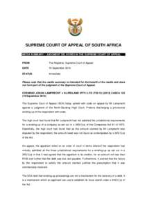 SUPREME COURT OF APPEAL OF SOUTH AFRICA MEDIA SUMMARY – JUDGMENT DELIVERED IN THE SUPREME COURT OF APPEAL FROM  The Registrar, Supreme Court of Appeal