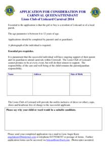 APPLICATION FOR CONSIDERATION FOR CARNIVAL QUEEN/ATTENDANT